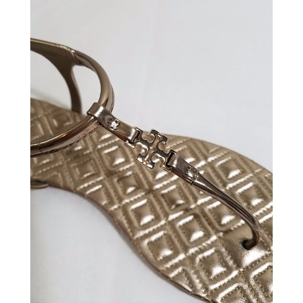 NIB Tory Burch Marion Quilted Leather T-Strap Sandal in Mica Gold Size 9.5 $225‎